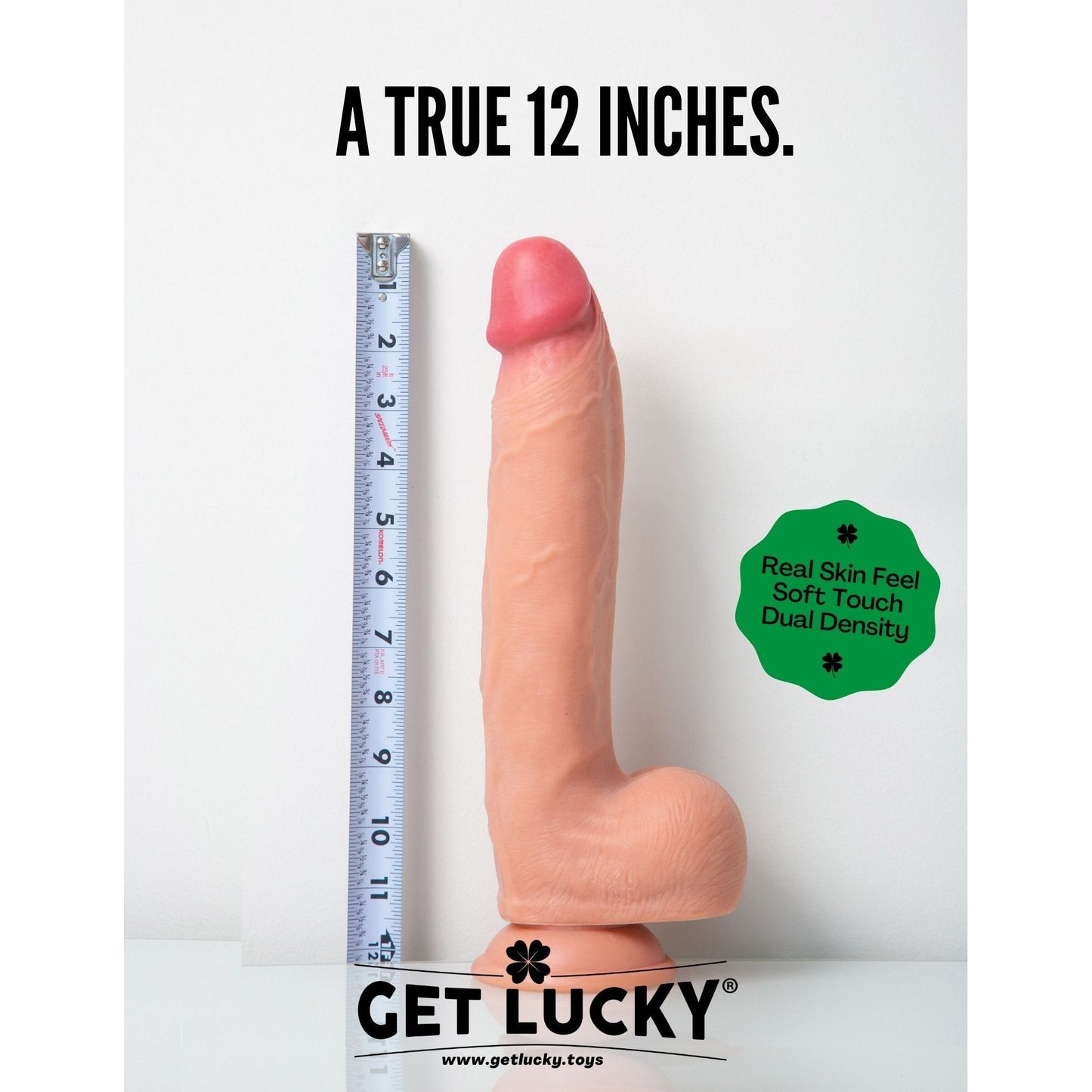 The Get Lucky 12 Real Skin Series Mega Man dildo, standing upright by a ruler, emphasizes its impressive size with dual layered silicone, real skin feel, and soft touch for an ultra-realistic experience. The Get Lucky brand is prominently displayed below.
