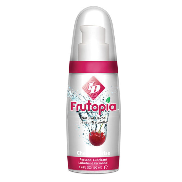 ID Frutopia natural flavor personal lubricant in Cherry: 3.4 fl oz (100 ml) pump bottle with a clear overcap and a cherry splashing into water