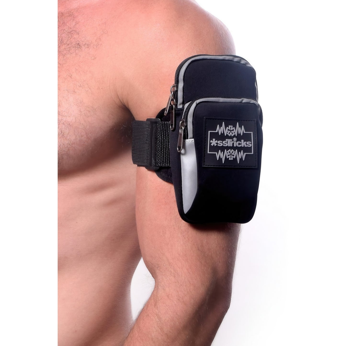 A bare upper arm wears the *ssTricks EKG Arm Bag in Black, an adjustable water-resistant neoprene pouch with zipper, velcro strap, white logo and text, plus a reflective side strip.