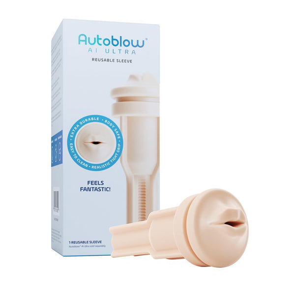 Autoblow AI Ultra mouth sleeve, a TPR replacement sleeve with lips at the opening and a grooved collar, beside its box