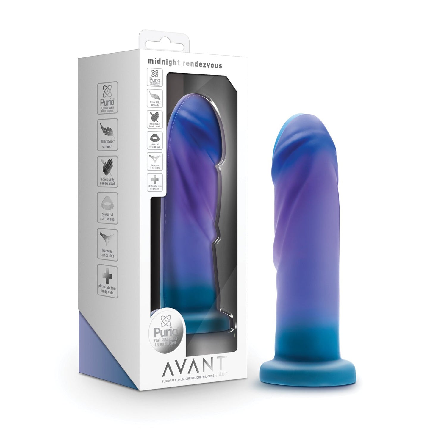 The Blush Avant Midnight Rendezvous by Blush Novelties is a vibrant blue and purple silicone dildo crafted with body-safe, platinum-cured silicone. It features a strong suction base for versatile use, highlighted on its packaging.