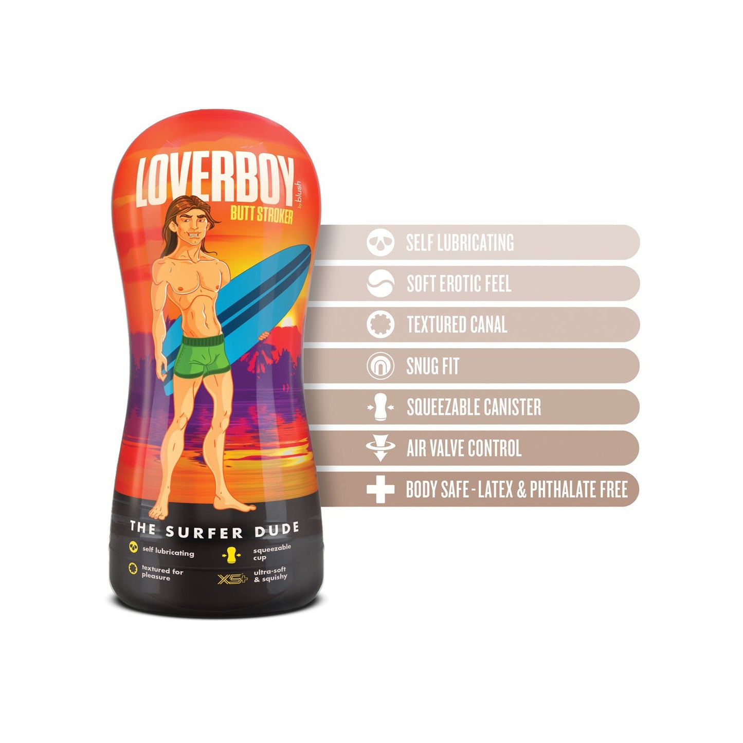 A product image of the Blush Coverboy The Surfer Dude by Blush Novelties shows a Surfer Dude design with packaging featuring a cartoon surfer. It highlights self-lubricating stroker tech, a soft feel, textured canal, snug fit, and body-safe materials for enhanced pleasure.