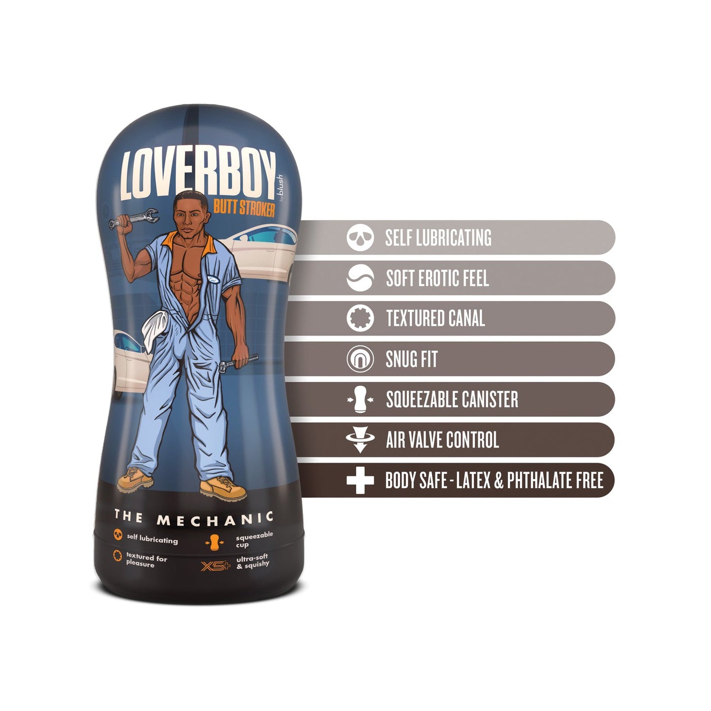 Image of Blush Novelties Blush Coverboy The Mechanic pocket stroker in a squeeze canister, featuring self-lubricating, soft erotic feel, textured canal, ergonomic grip, and body-safe materials.