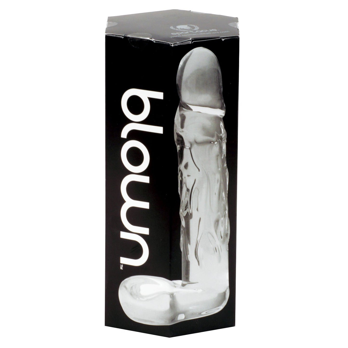 A black hexagonal box with Adams Toy Box Blown Realistic Glass in white. It features a transparent, handcrafted borosilicate glass object shaped like a phallic symbol for realistic artistry.