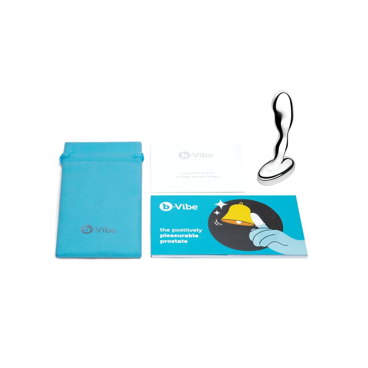 The b-vibe Stainless Steel Prostate Plug set features a massager, a turquoise storage pouch, an instruction manual, and an info booklet with a cover illustration of a hand ringing a yellow bell.