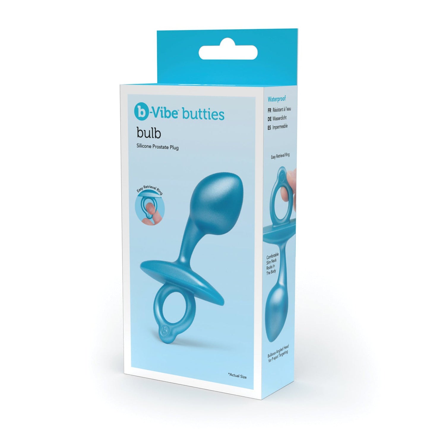 The b-Vibe Butties Bulb Tapered Prostate Plug packaging features an image of the product and highlights its P-spot pleasure, waterproof design, and use of body-safe silicone for secure use.