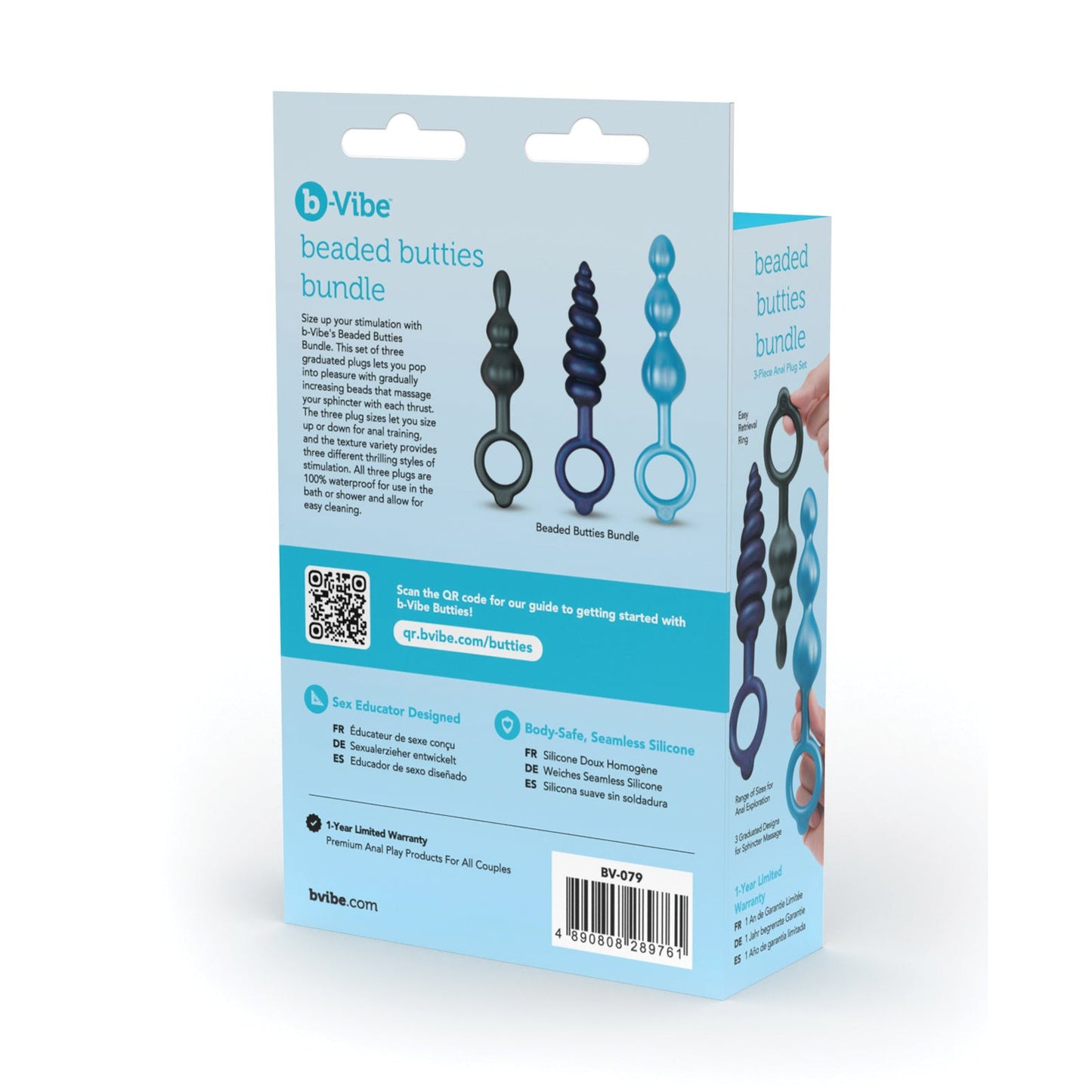 The b-Vibe Butties Beaded Bundle packaging showcases three silicone beaded plugs in different sizes and colors, ideal for anal training and play. The box back includes product details, features, and a QR code for further information.