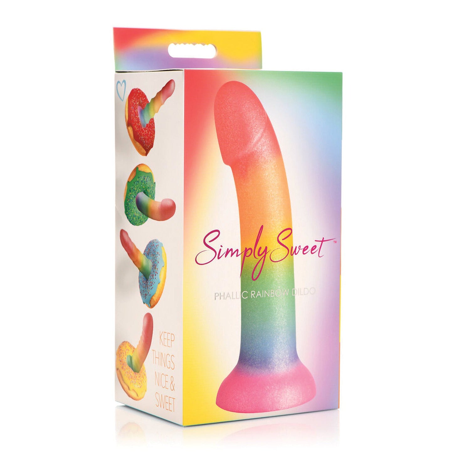 The image shows a product box for the Curve Novelties Simply Sweet 6.5 Phallic Rainbow Dildo, crafted from premium silicone. The box has a colorful design featuring vibrant rainbow images and text that states, Keep things nice & sweet.