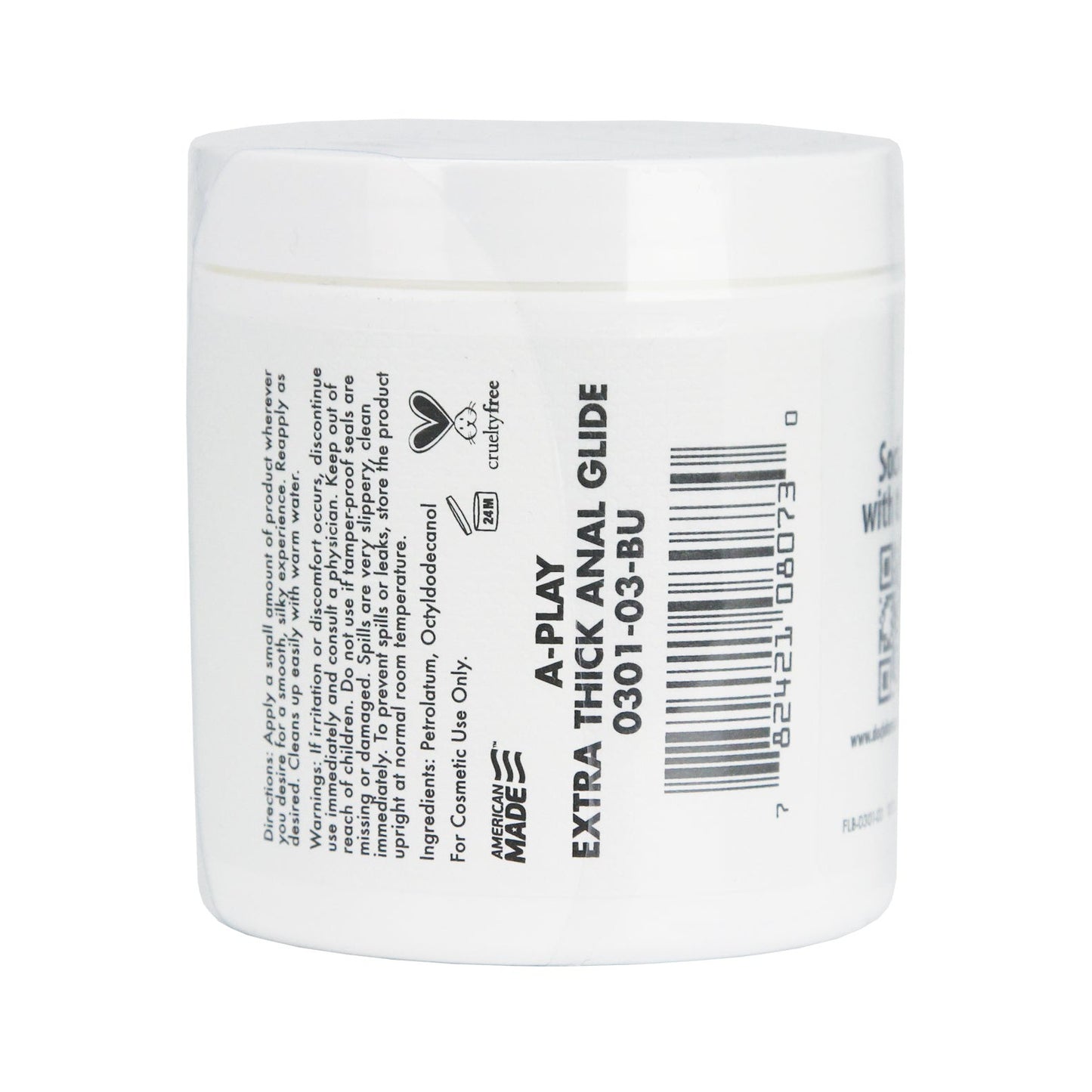 A white jar labeled A Play Extra Thick Anal Glide Cushioning Oil Based Formula features a thick, long-lasting oil-based formula and is adorned with various informational texts and a barcode.