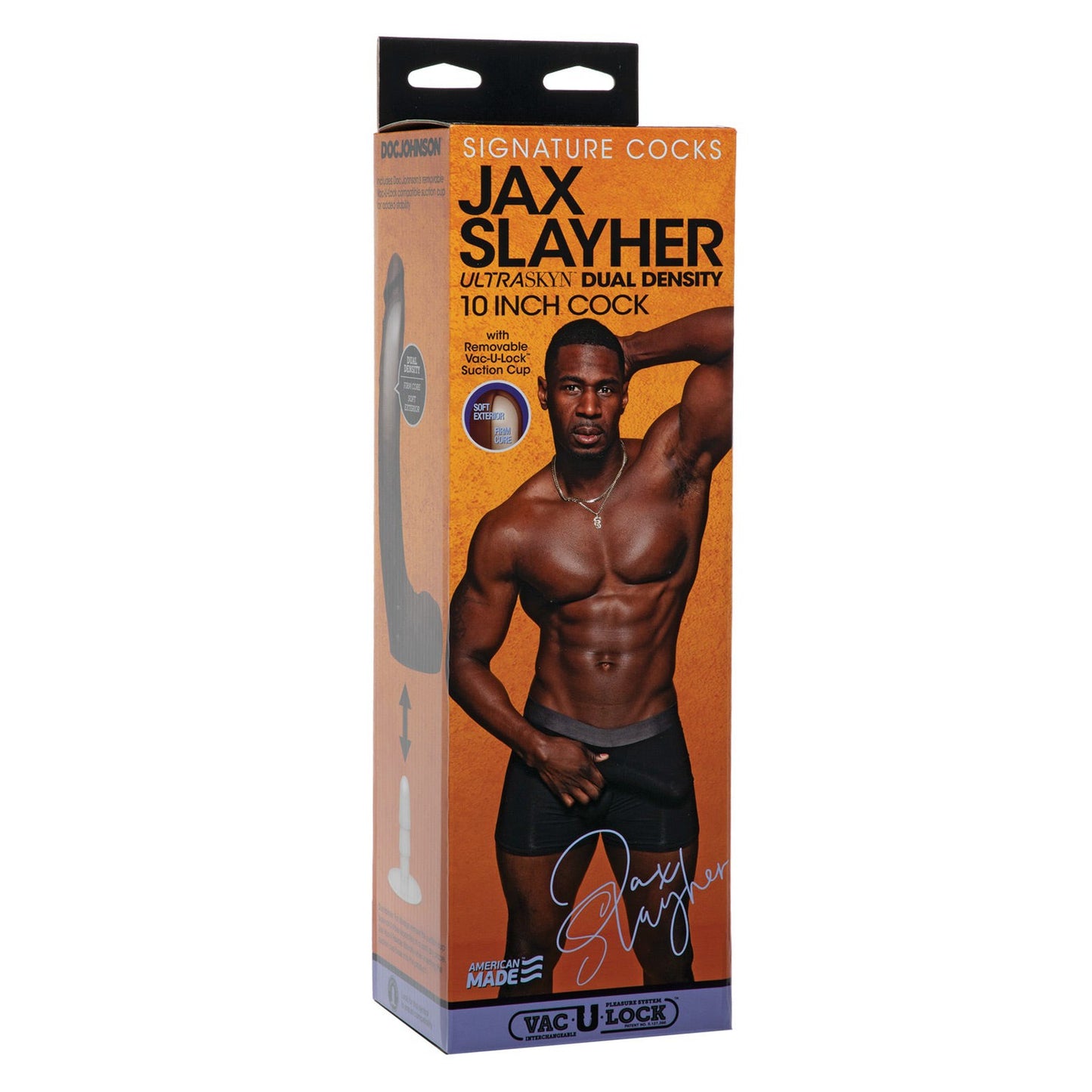 The Doc Johnson Signature Cocks ULTRASKYN 10 package features Jax Slayher in black underwear, emphasizing its dual-density ULTRASKYN construction.
