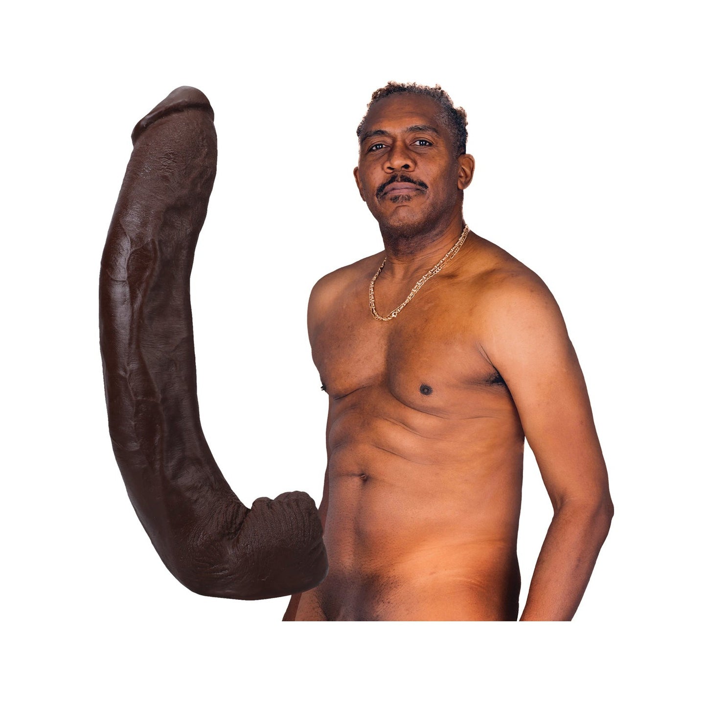 A shirtless man with a gold chain stands next to the Signature Cocks ULTRASKYN 13.5 Cock - Dredd by Doc Johnson. The background is plain white.