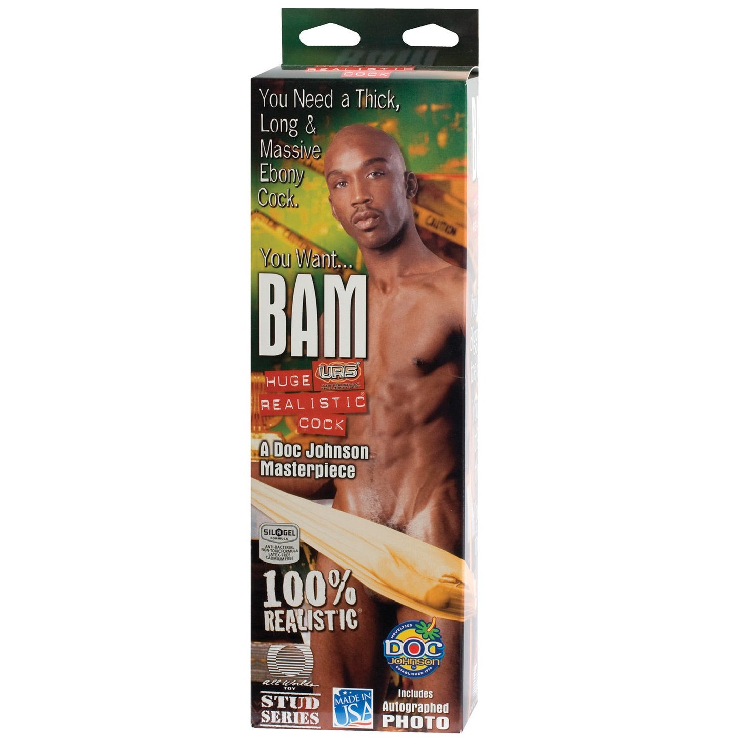 The packaging of Bam Realistic 13 Cock by Doc Johnson displays an image of a shirtless man with bold BAM and 100% Realistic. Made from premium FIRMSKYN material, various logos and text highlight its extreme size.