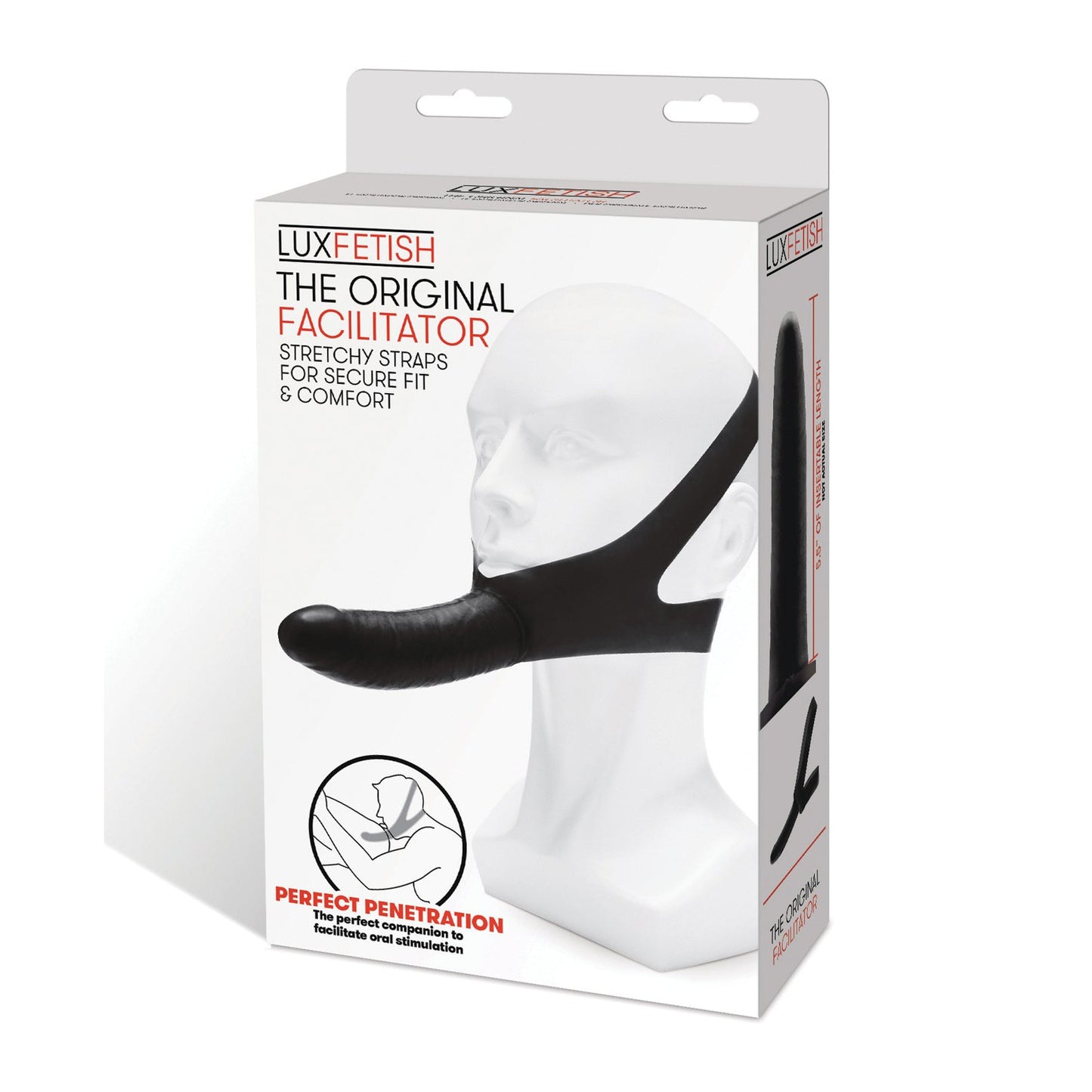 The box contains Lux Fetish The Original Facilitator by LUX, featuring a mannequin head with the black item and stretchy straps for a secure fit. This travel-friendly, chin-mounted dildo offers a hands-free design ideal for versatile oral use.