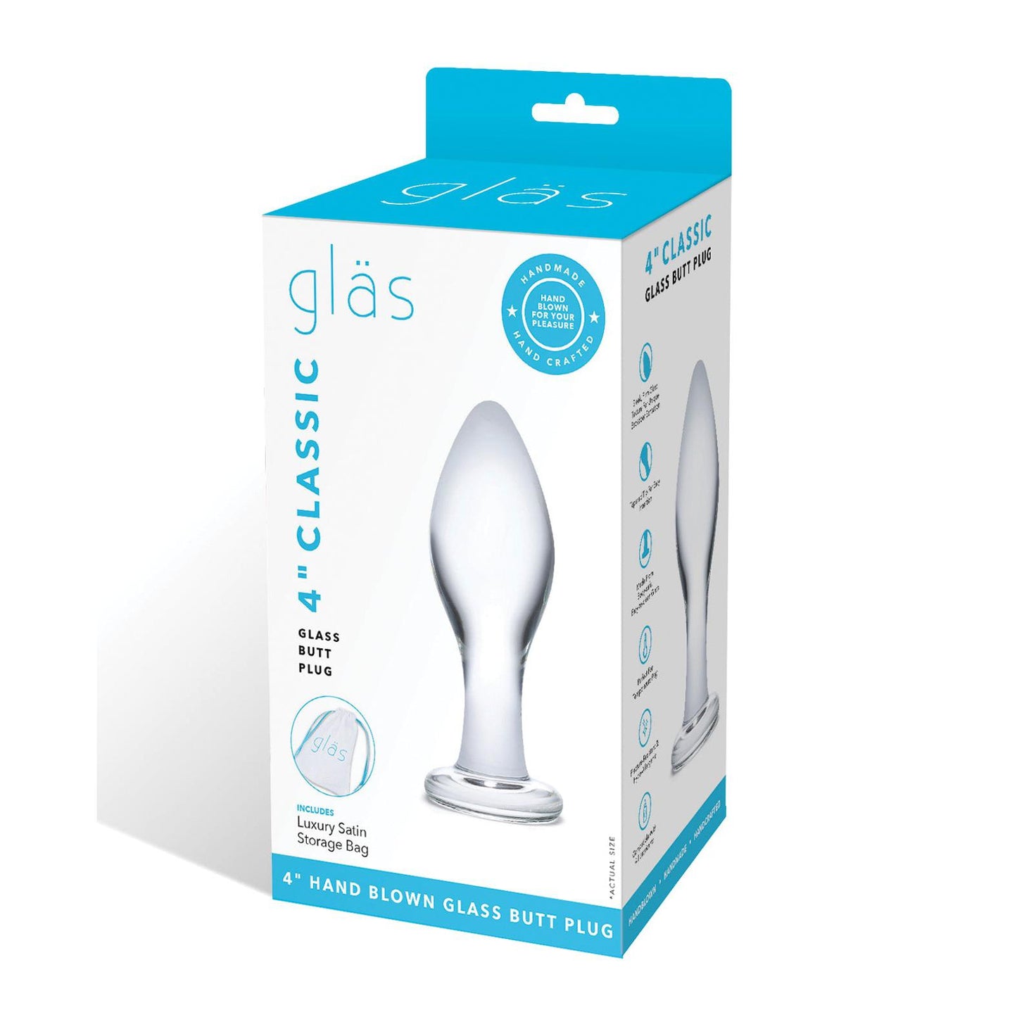 The Glas Classic Butt Plug by Electric Eel Inc. is a 4-inch hand-blown glass piece ideal for beginners, featuring smooth craftsmanship. It arrives in sleek packaging with product imagery and branding, along with a luxury satin storage bag.