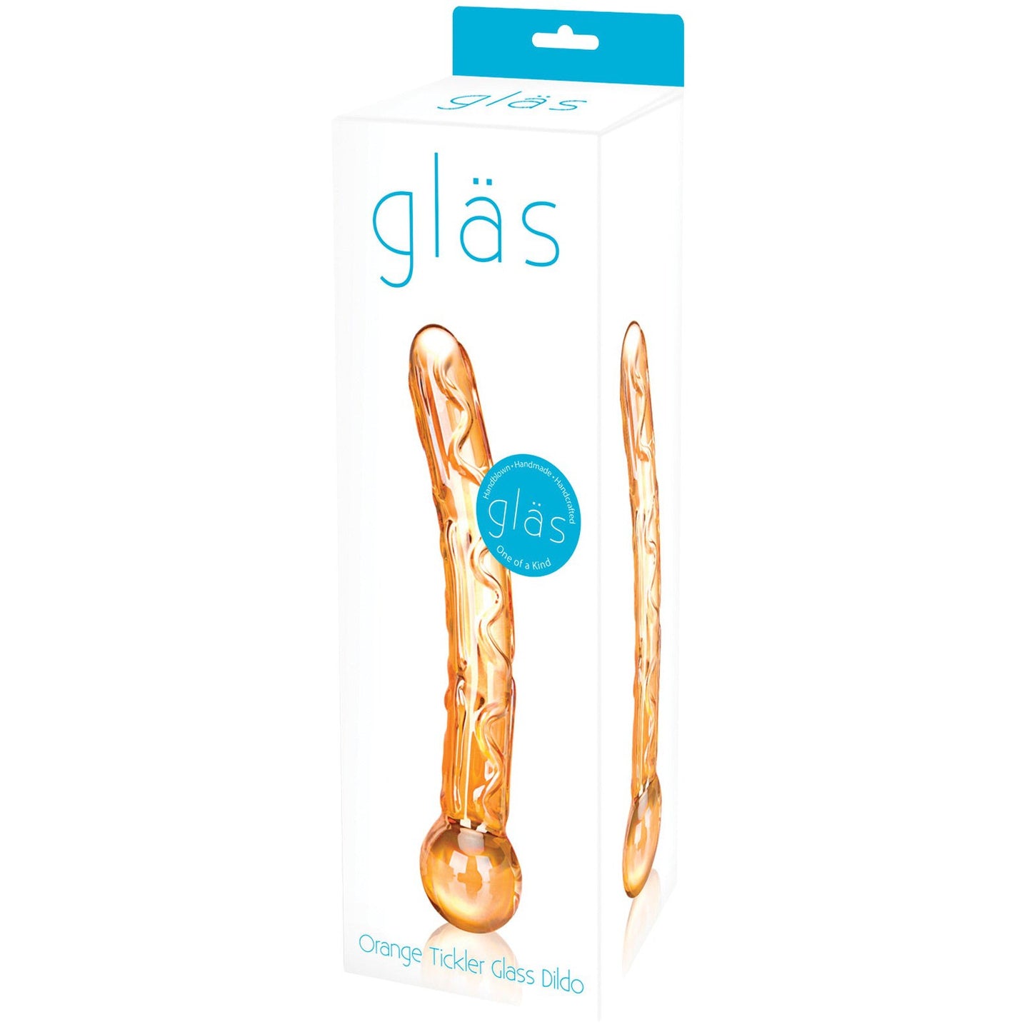 The image features packaging for the Glas Tickler Dildo by Glas. The box displays an orange glass dildo with a ribbed texture and rounded end, designed for enhanced pleasure. The brand name Glas is prominently featured on the packaging.