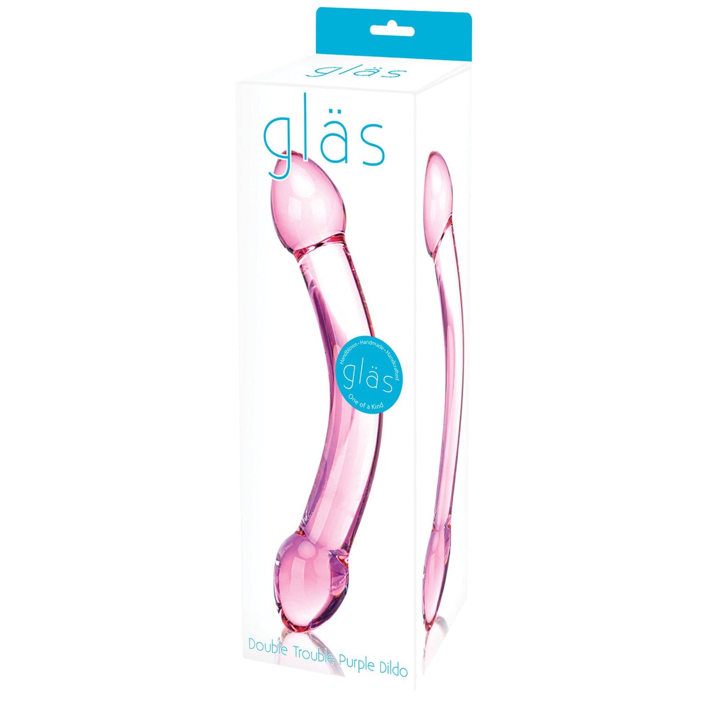 The packaging showcases the Glas Double Trouble Glass Dildo, a stunning glass toy by Glas with dual textures. Its elegant purple design is visible, highlighting its versatile double-ended feature.