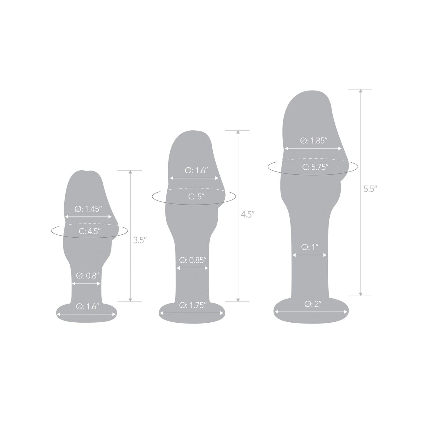 The Glas Helmet Head Anal Training Kit by Gläs features three gray silhouette plugs, helmet-shaped, with heights of 3.5, 4.5, and 5.5. Circumferences range from 0.8 to 2 at various points, perfect for temperature play experimentation.