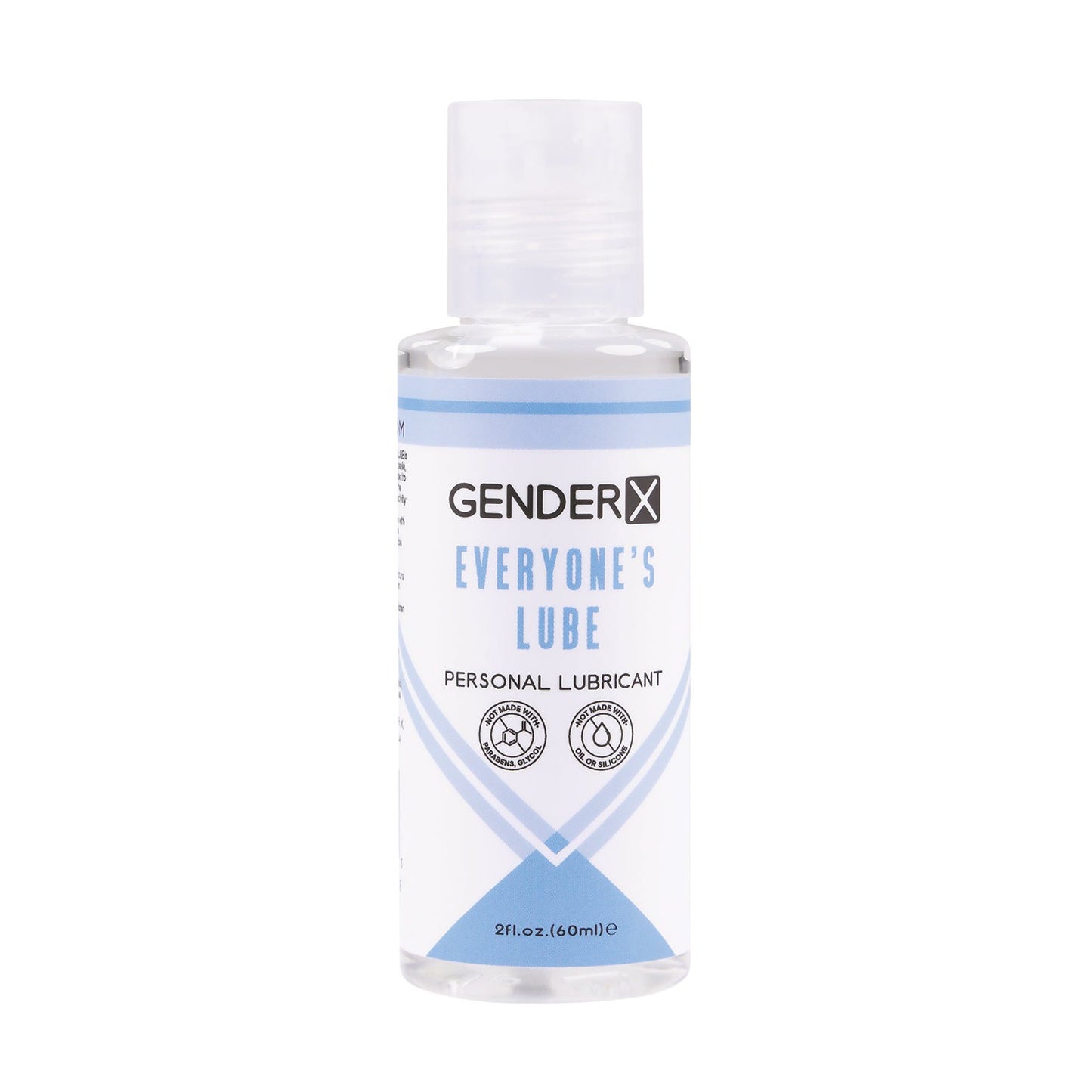 A transparent 2 fl oz bottle labeled Gender X Flavored Lube by Gender X features a blue and white design. This water-based, condom-compatible lubricant is versatile for all.