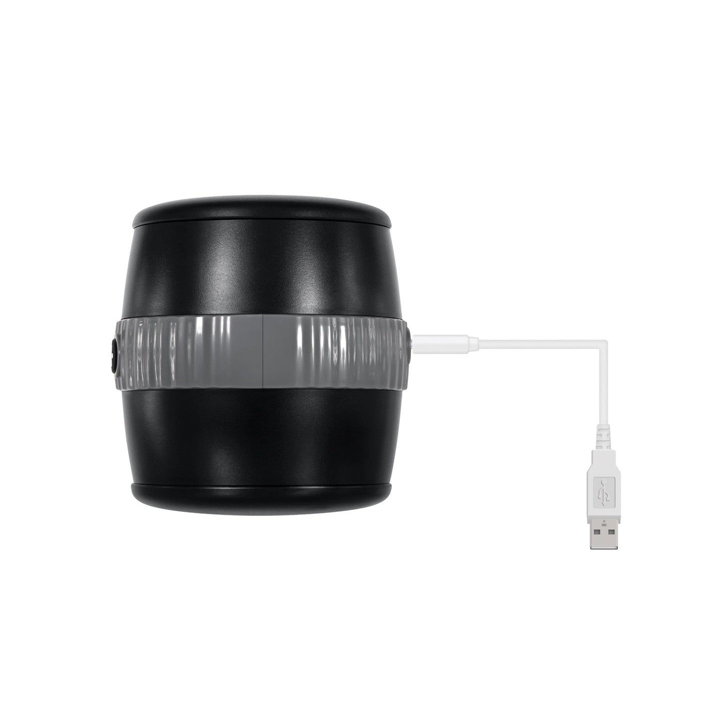 The Gender X Barrel of Fun is a sleek black cylindrical device with a textured feelers design and a silver band. A white USB cable connects on one side, all set against a minimalist plain white background, highlighting its modern aesthetic.