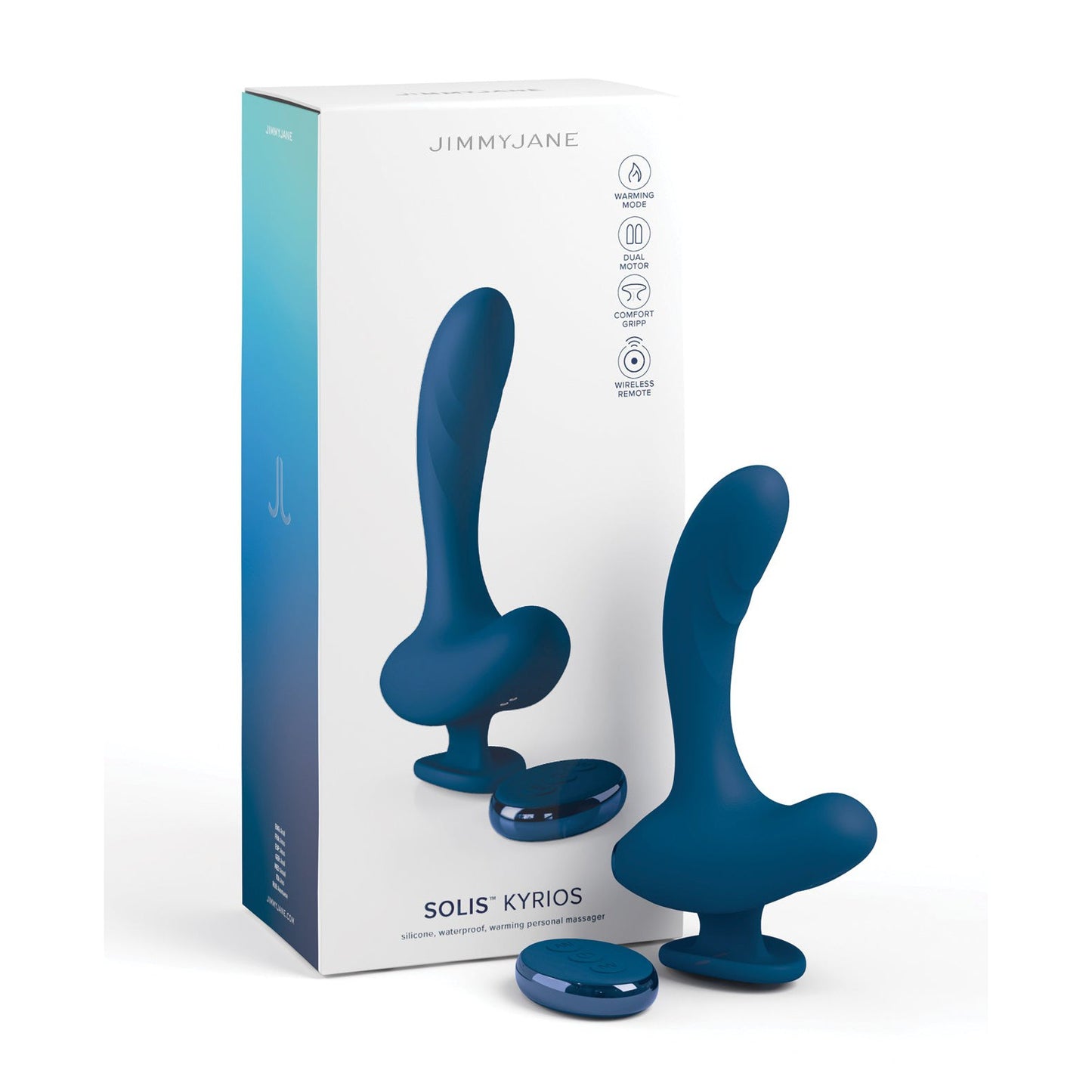Box and display of a blue JimmyJane Solis Kyrios Prostate Stimulator with dual motors, showing product images, a wireless remote, and feature icons.
