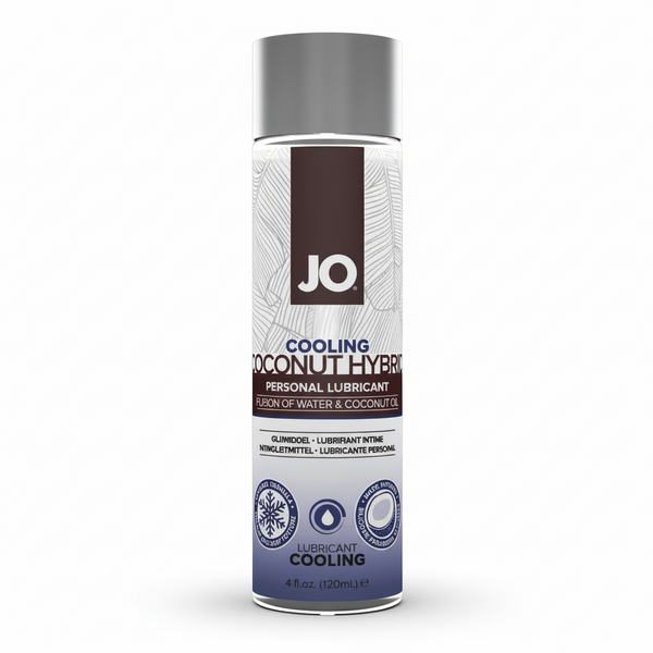 A 4 oz bottle of System JO Coconut Hybrid - Cooling Lubricant features a silver cap and label emphasizing its unique coconut oil blend and refreshing cooling sensation.