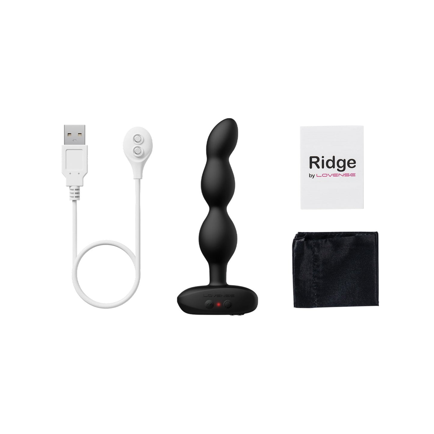The Lovense Ridge Bumpy Anal Plug, a black vibrating plug with three bulbs and a base, is displayed with a USB charging cable, remote for app control, sleek black pouch, and information insert labeled Ridge by Lovense.