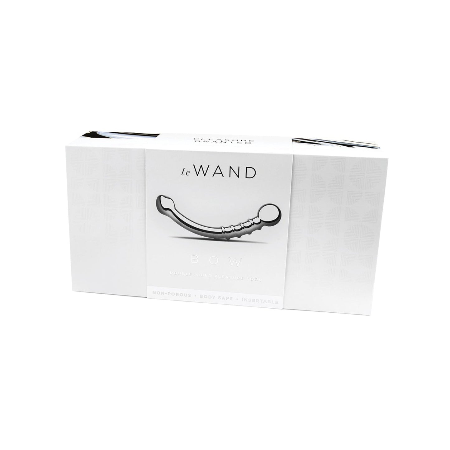 The Le Wand Stainless Steel Bows box features a mainly white design with a grayscale image of the elegantly curved wand. Text highlights its non-porous, body-safe, and dual-ended delight functionality, suitable for temperature play.