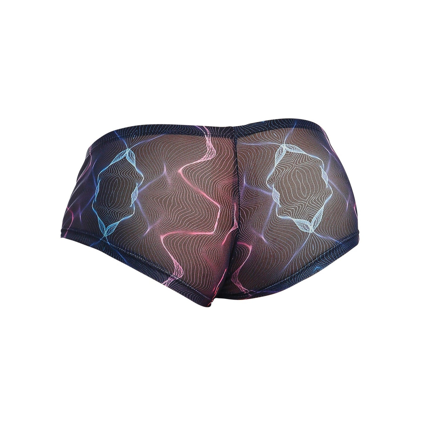Explore the Male Basics MOB Hip Hugger Boyshort Energy by Malebasics, showcasing a bold, colorful wavy line pattern in blue, pink, and purple on a dark background. These trunks offer an abstract design for a modern look ideal for those who want to stand out.