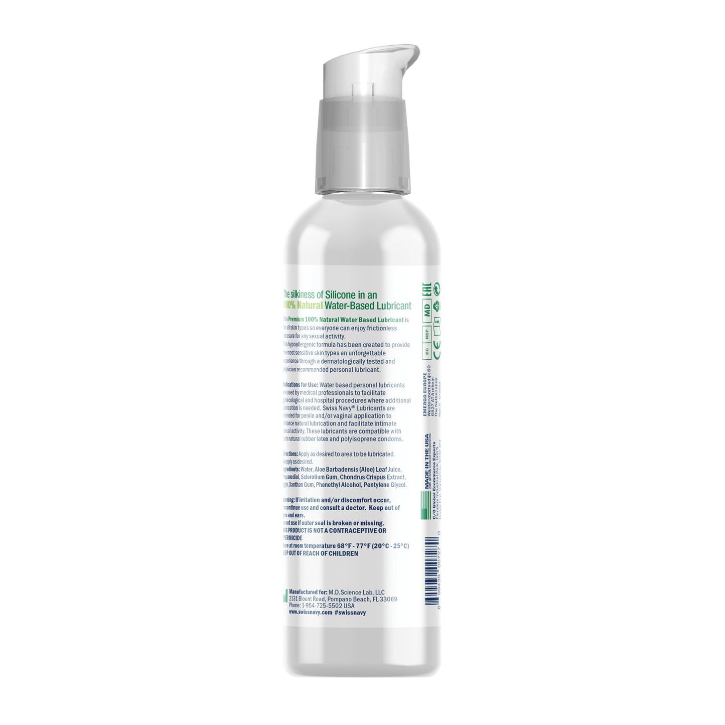 A clear plastic bottle with a pump dispenser contains Swiss Navy Naked All Natural Lubricant. The label details its 100% natural, hypoallergenic formula, along with usage instructions and ingredient information.