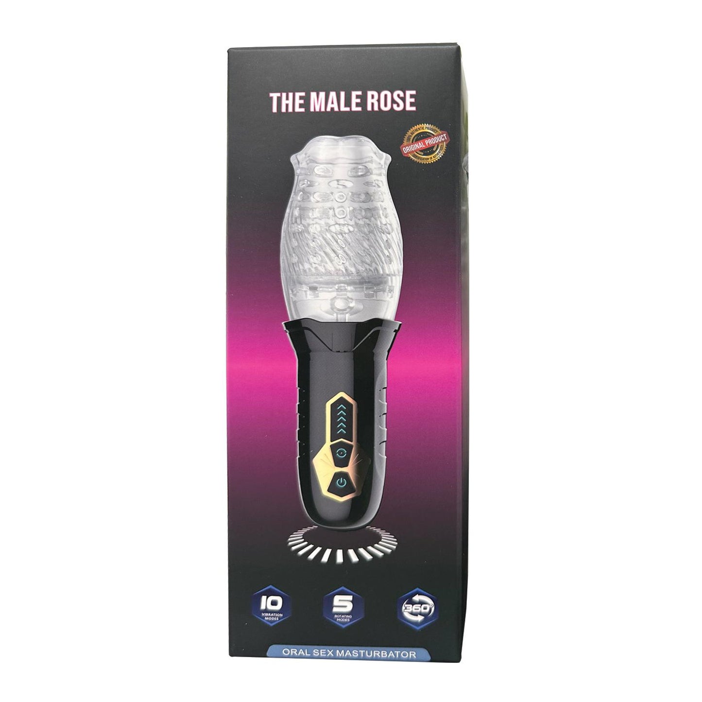 The packaging of The Male Rose Gawk Gawk 3000 Rotating Blow Job Simulator, an elegant electronic personal device, boasts a black and transparent design. A pink gradient on the dark background highlights details like 10 vibration modes and the allure of the viral rose sensation.