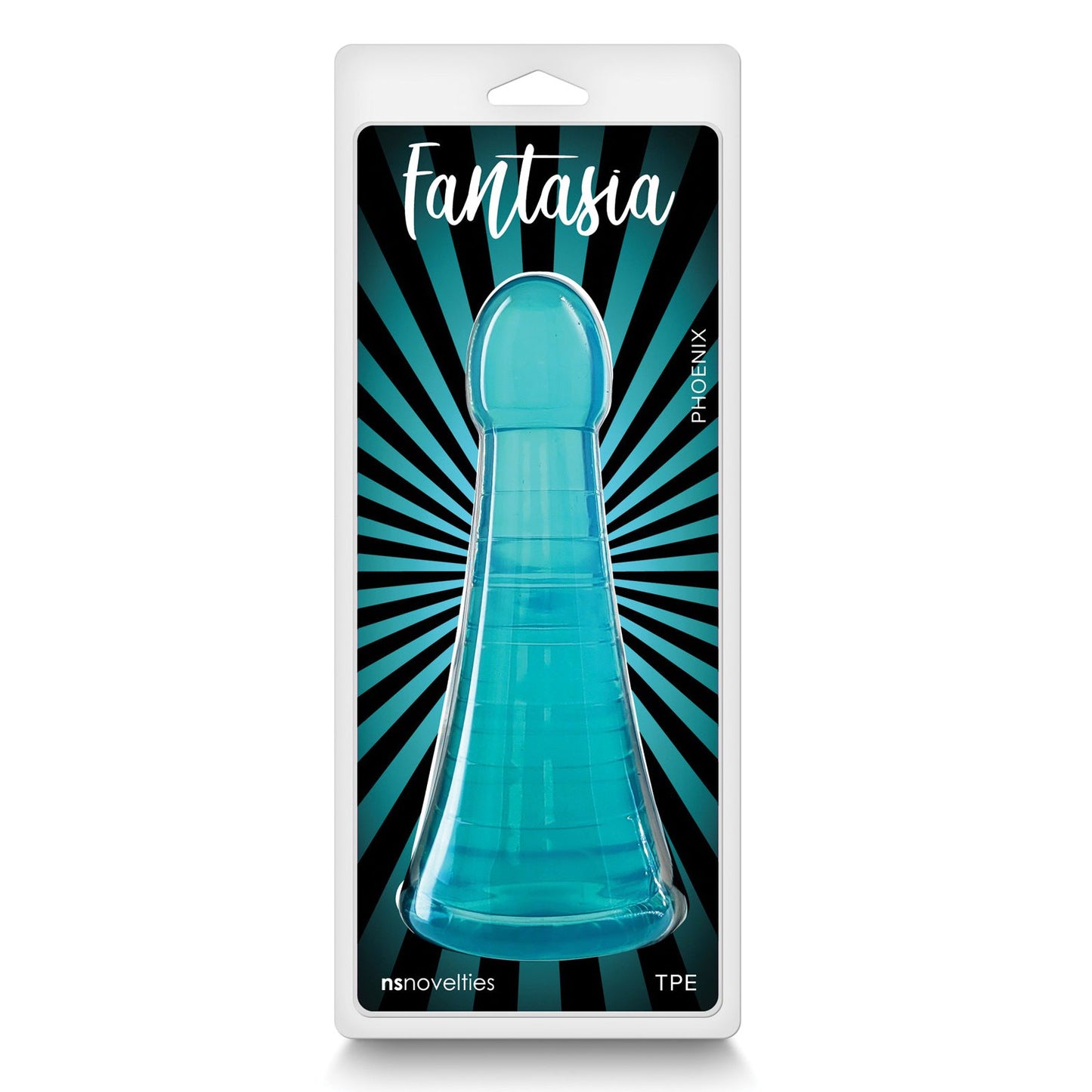 The NS Novelties Fantasia Phoenix packaging features a teal cylinder with a rounded top set against a black and teal radial striped background, offering an air of sophistication.