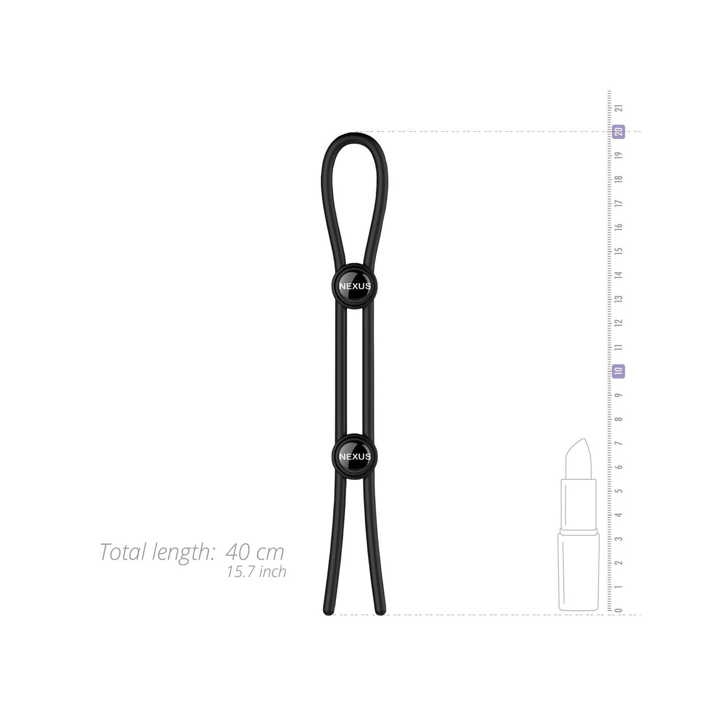 The Nexus Forge Double Lasso by Nexus is a black flexible cable akin to an adjustable silicone cock ring with a double lasso design, measuring 40 cm (15.7 inches). Displayed on a neutral background with ruler and lipstick graphics for size reference, its perfect for discreetly boosting stamina.
