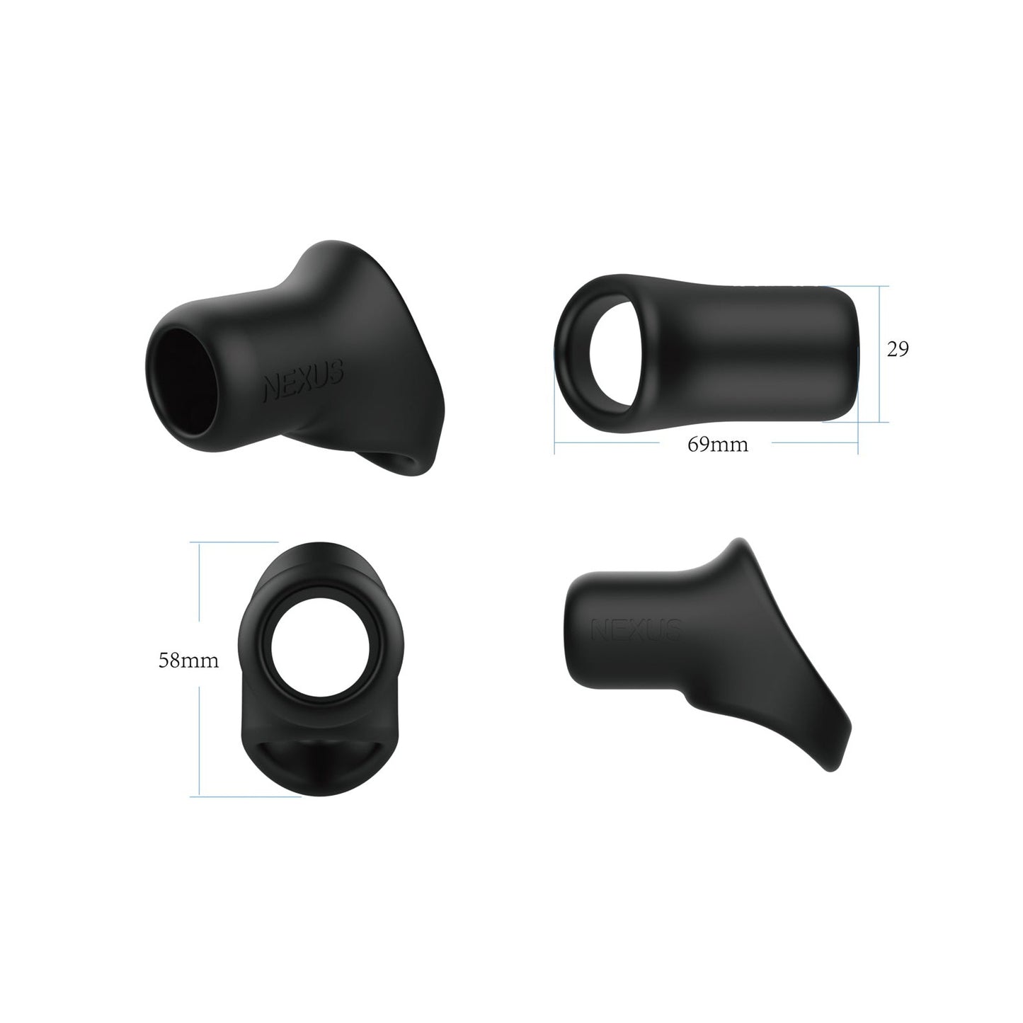 Displayed against a white background are four black silicone attachments from the Nexus Rise Liquid Silicone Cock & Ball Sling. Made of silky silicone, they provide excellent support with unique shapes; one measures 29mm, another 69mm, and a third is 58mm in height.
