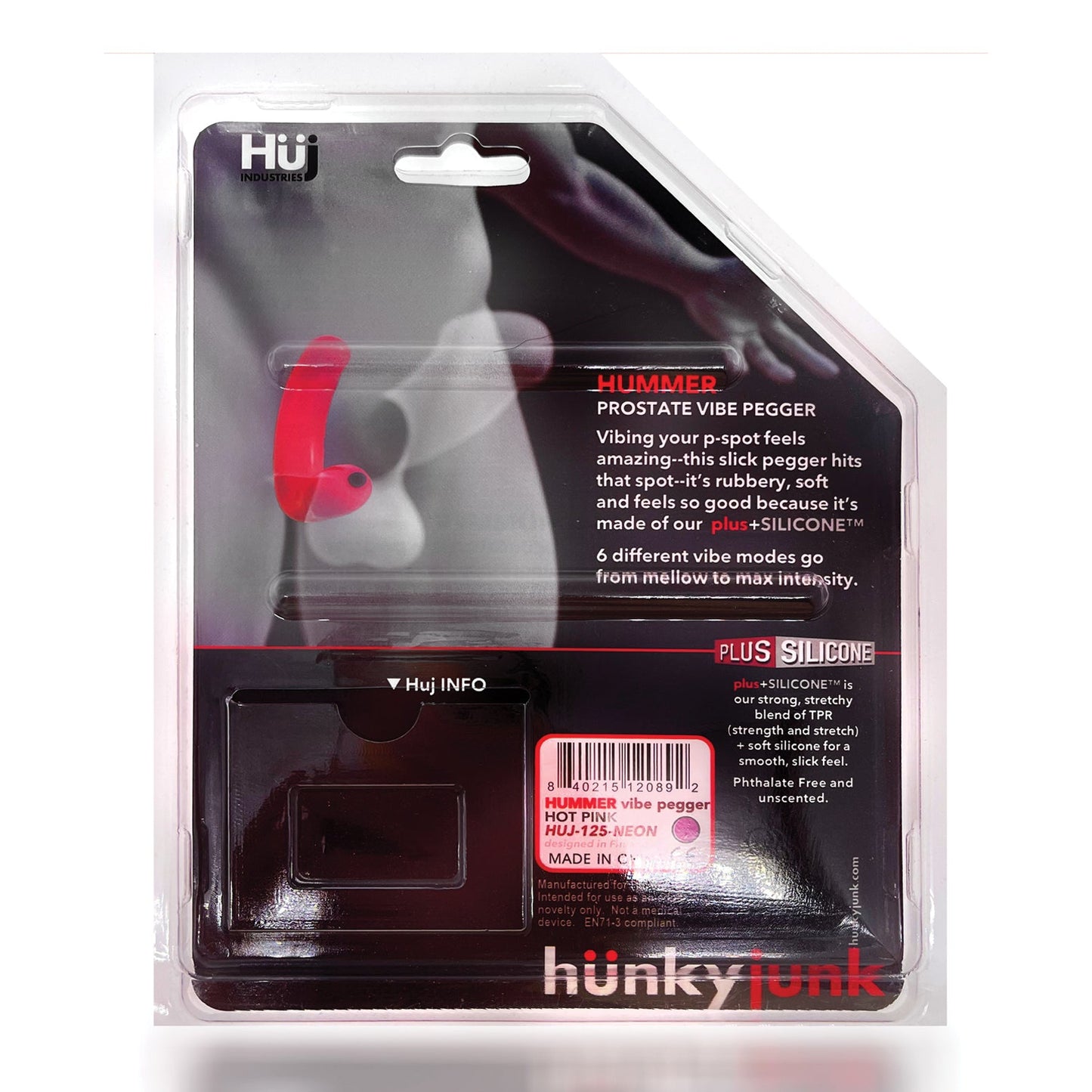 The Hunky Junk Hummer Vibe Prostate Pegger is displayed in vibrant red within clear packaging, highlighting its versatile vibration modes and superior Plus+SILICONE blend for quality benefits.