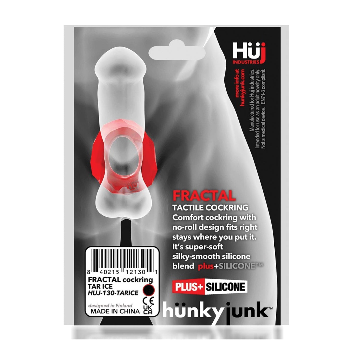 The Hunky Junk Fractal Cockring, in sleek black and bold red, features a no-roll design, comfort fit, and super-soft Plus+SILICONE blend. It is made in China and designed in Finland.