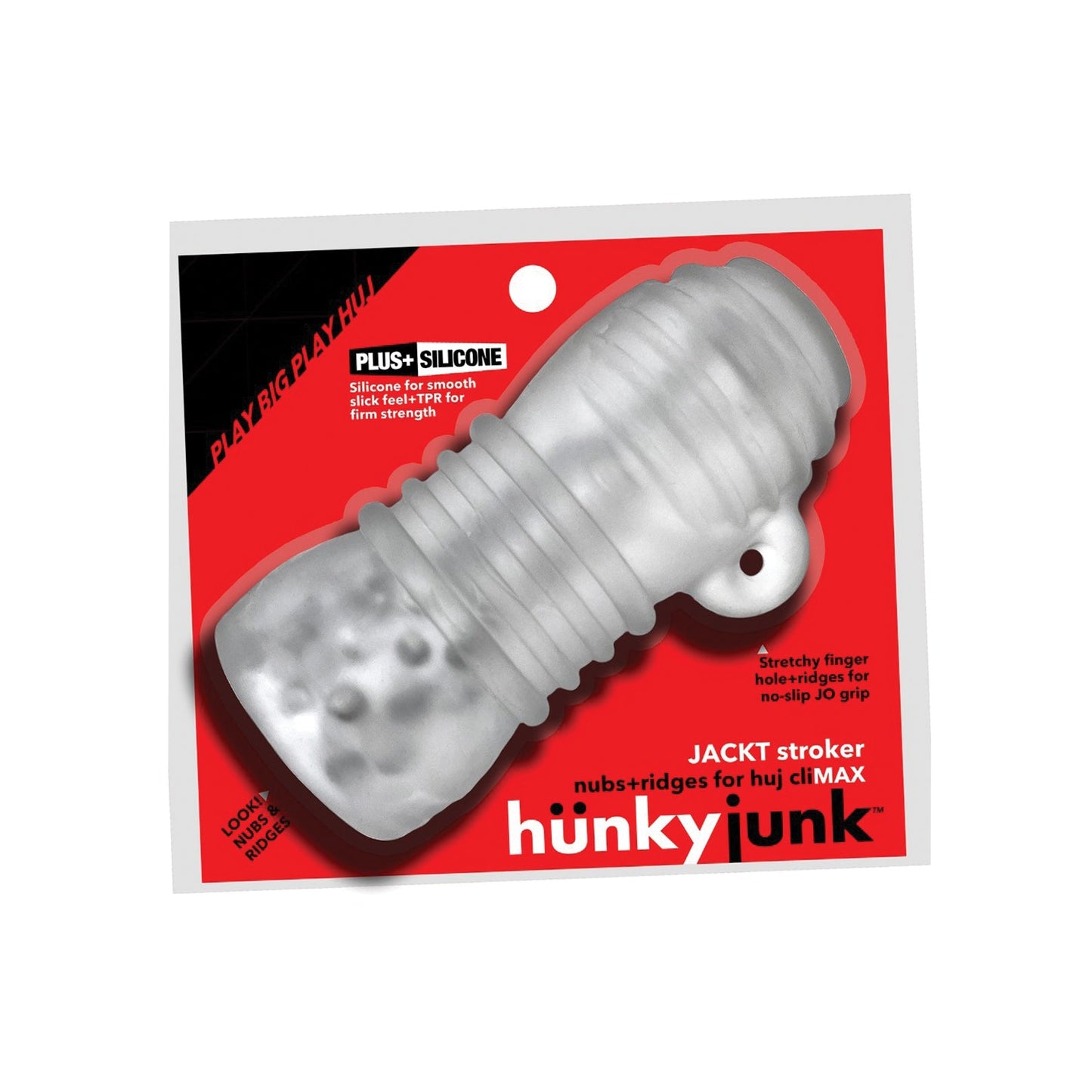 Close-up of the Hunky Junk Jack T Stroker packaging, featuring a see-through Plus+SILICONE toy. The package emphasizes its textured adventure with stretchy finger holes, nubs, and ridges for a firm grip on a vibrant red background with black accents.