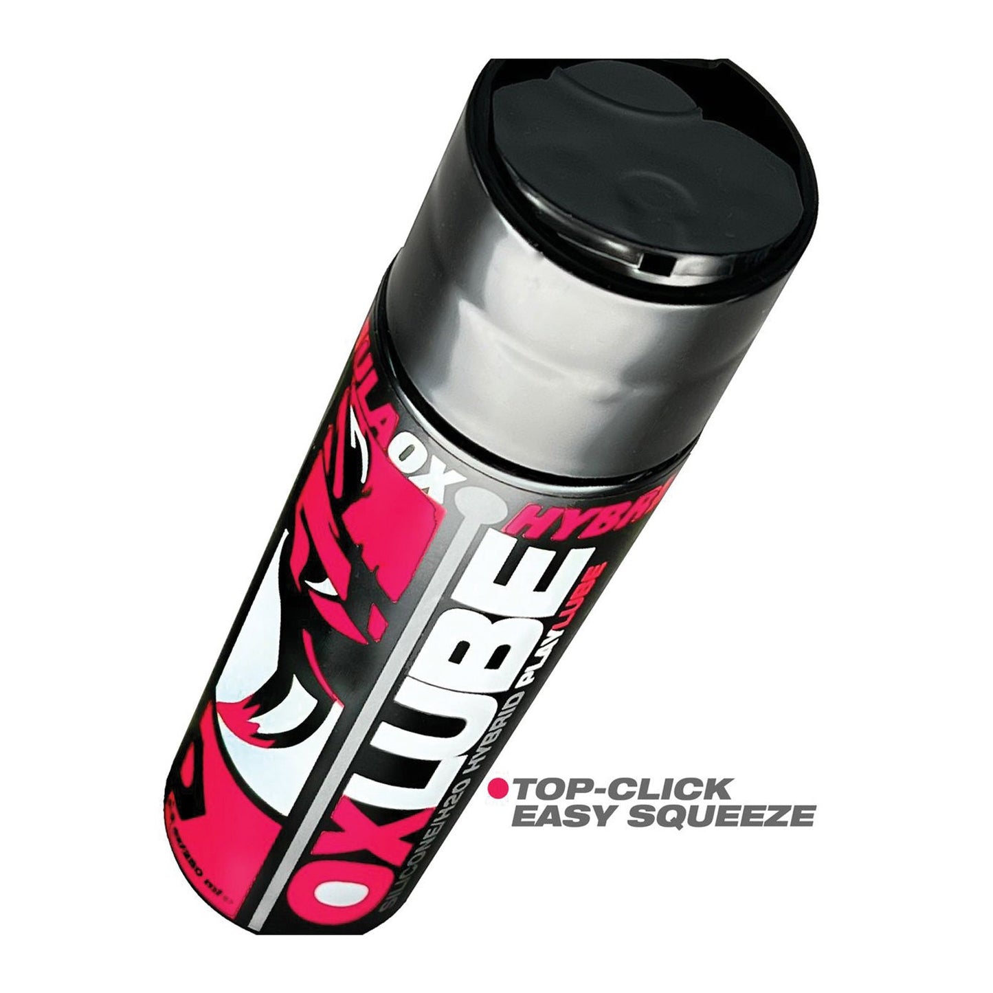 A bottle of Oxballs OXLube Formula features a pink and black label with a stylized logo, boasting Made in the USA. The sleek design emphasizes its Top-Click Easy Squeeze feature for ultimate slickness.