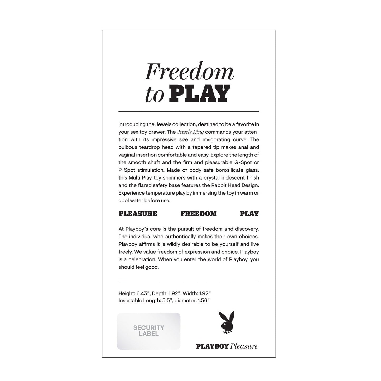 The image features packaging for Playboy Pleasure Jewels King Dildo by Playboy, an elegant G-Spot massager. It boasts a tapered tip, adjustable temperature, majestic design, dimensions, and a security label.