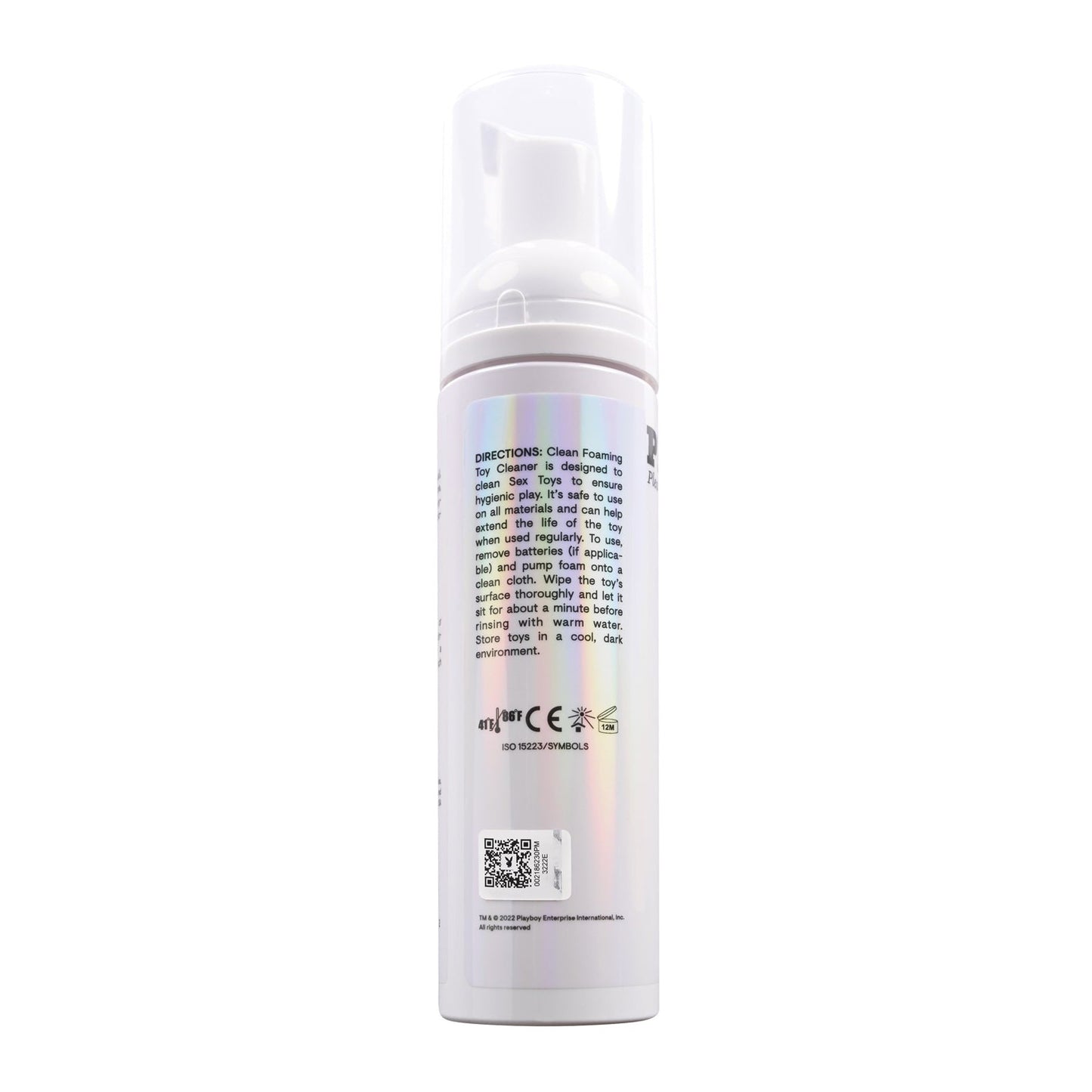 The Playboy Pleasure Clean Foaming Toy Cleaner comes in a white cylindrical bottle with a foam dispenser. It features product directions, a barcode, and certification symbols. Its gentle formula makes it safe for sensitive items. The bottle is displayed against a plain white background.