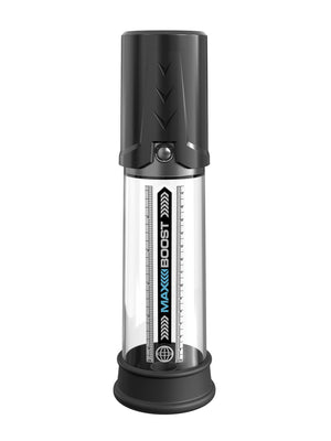The Pump Worx Max Boost by Pipedream is a transparent silicone cylindrical container with black end caps, a central vertical scale, and MAXXIBOOST branding in blue and white. It features a button near the top cap for easy operation.