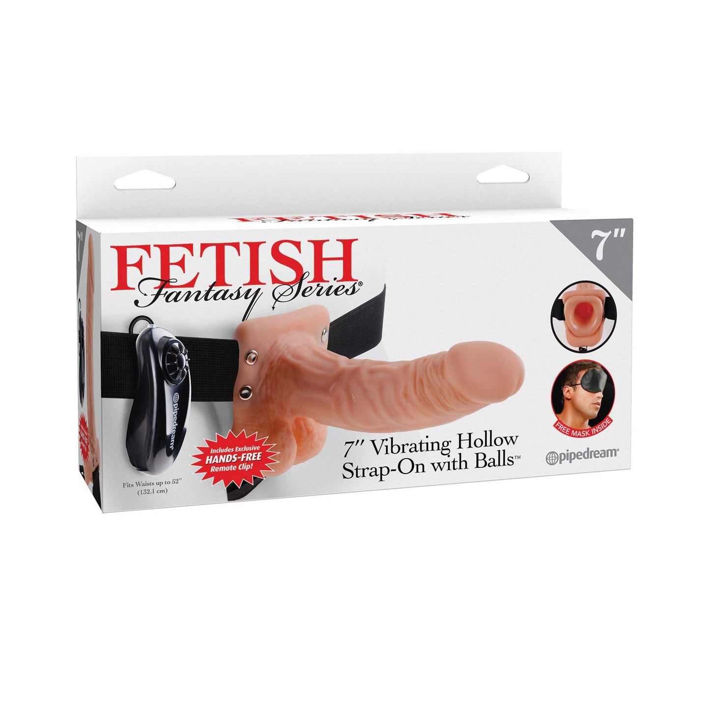 The Fetish Fantasy Series 7 Vibrating Strap On with Balls by Adams Toy Box features multi-speed vibrations. The box includes a product image, remote control, and emphasizes Vibrating and Hands-Free in bold text.