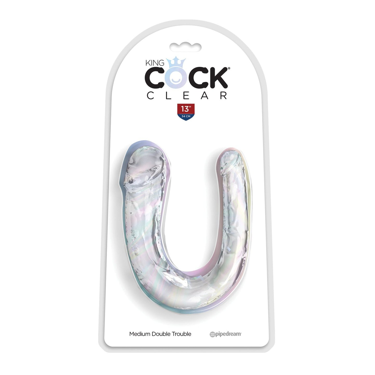 The King Cock Clear Medium Double Trouble Dildo by King Cock offers a lifelike U-shaped, transparent design. Packaged in white with a red 13-inch label and crowned Cock, it ensures dual-end delight for your pleasure.