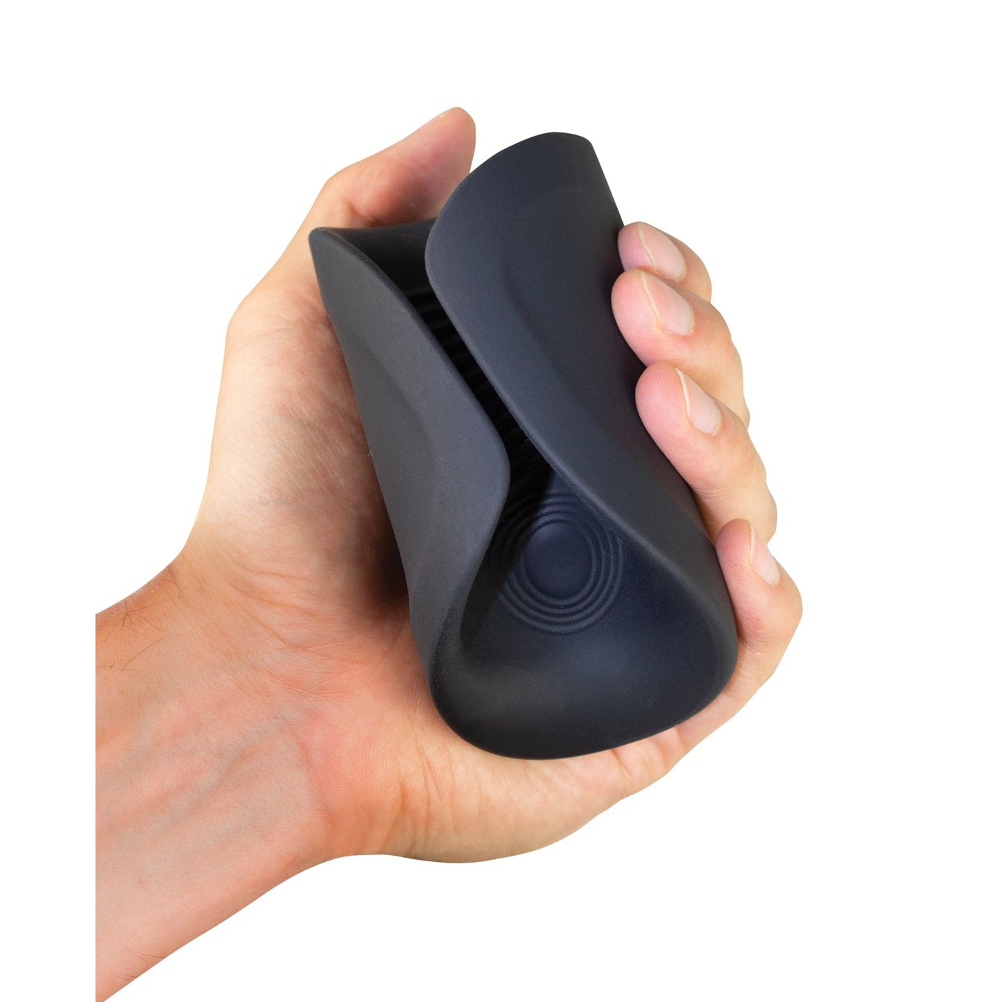 A hand holds the sleek, ergonomic Rocks Off Rush Rechargeable Stroker by Rocks Off, a compact black silicone device with a tactile sensory-textured interior and an opening along one side; its both powerful and rechargeable.