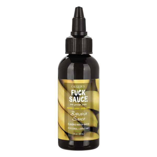 Fuck Sauce Banana Sauce flavored water-based personal lubricant, 2 fl oz black bottle with pointed twist nozzle and banana-print label