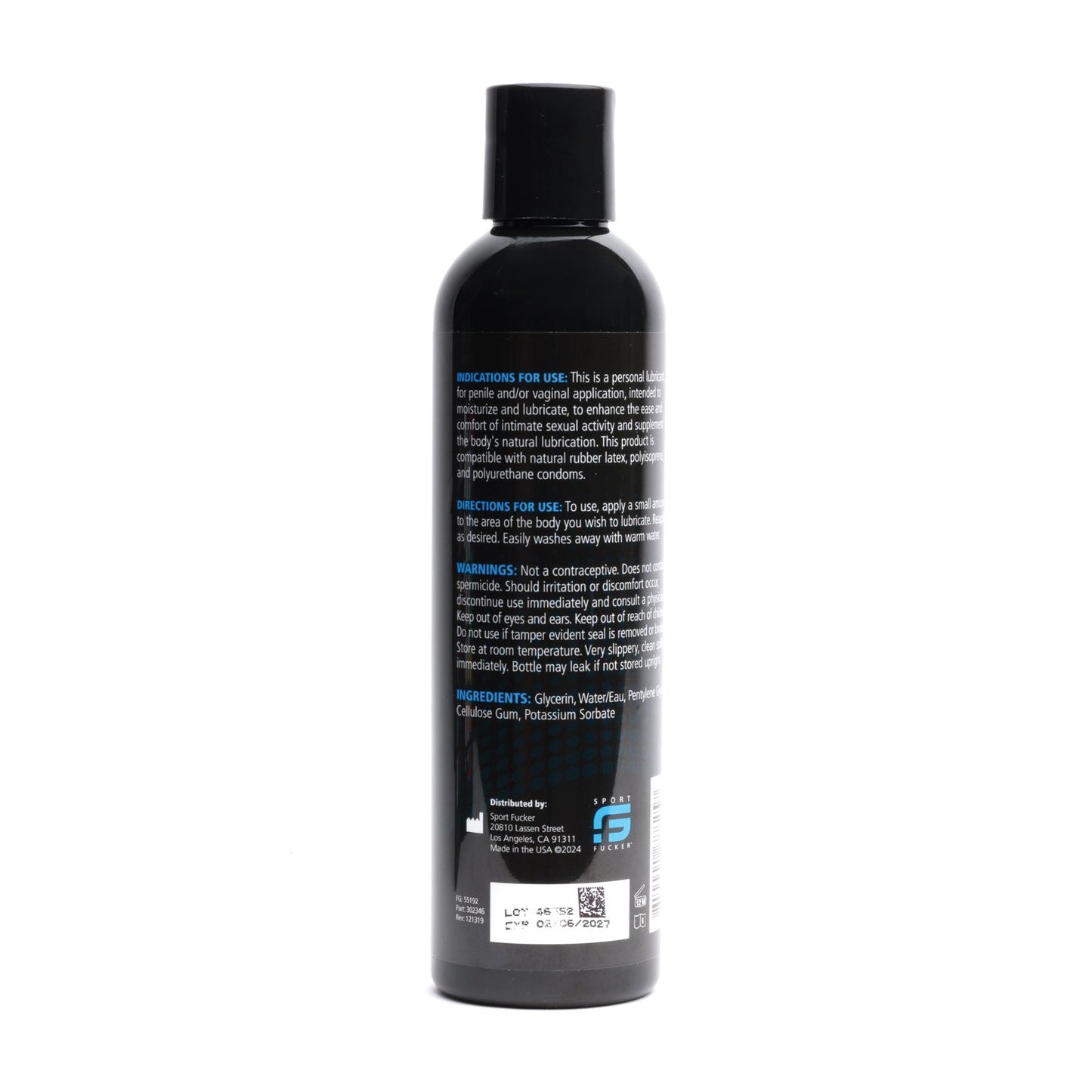 The 8 oz Sport Fucker Water Based Lubricant features a sleek black bottle with a matching cap, detailed with instructions and ingredients in white and blue text, displayed against a clean white background.