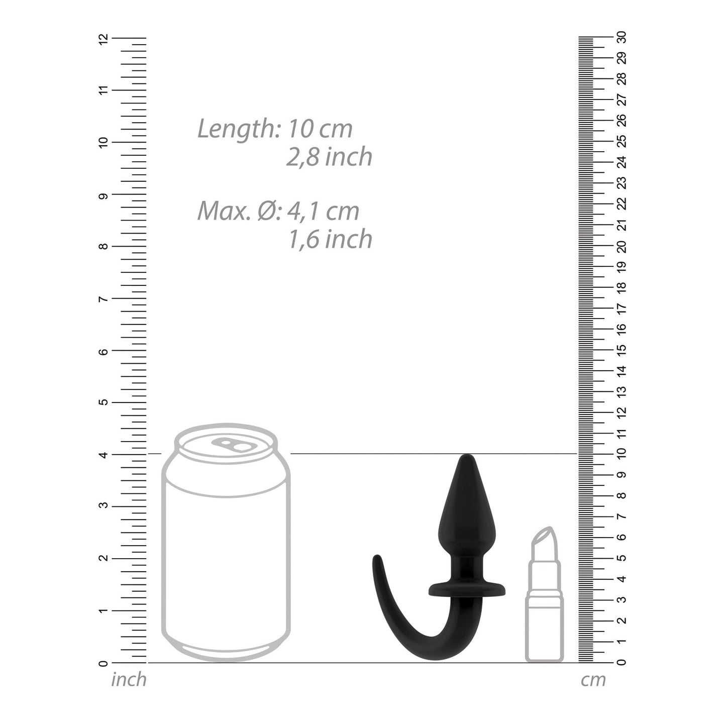 The Shots Ouch Puppy Play Tail Butt Plug is displayed beside a can and lipstick for size comparison. It measures 10 cm (2.8 inches) long and 4.1 cm (1.6 inches) in diameter, designed for easy insertion, with waterproof features highlighted by inch and centimeter rulers.