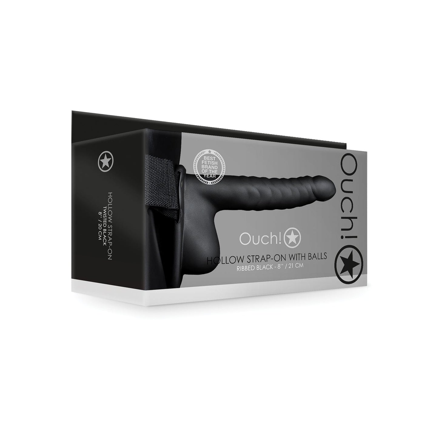 The packaging for the Shots Ouch 8 Ribbed Hollow Strap-On With Balls in black, showing a side view of its curved, ribbed design and attached balls, measures 21 cm.
