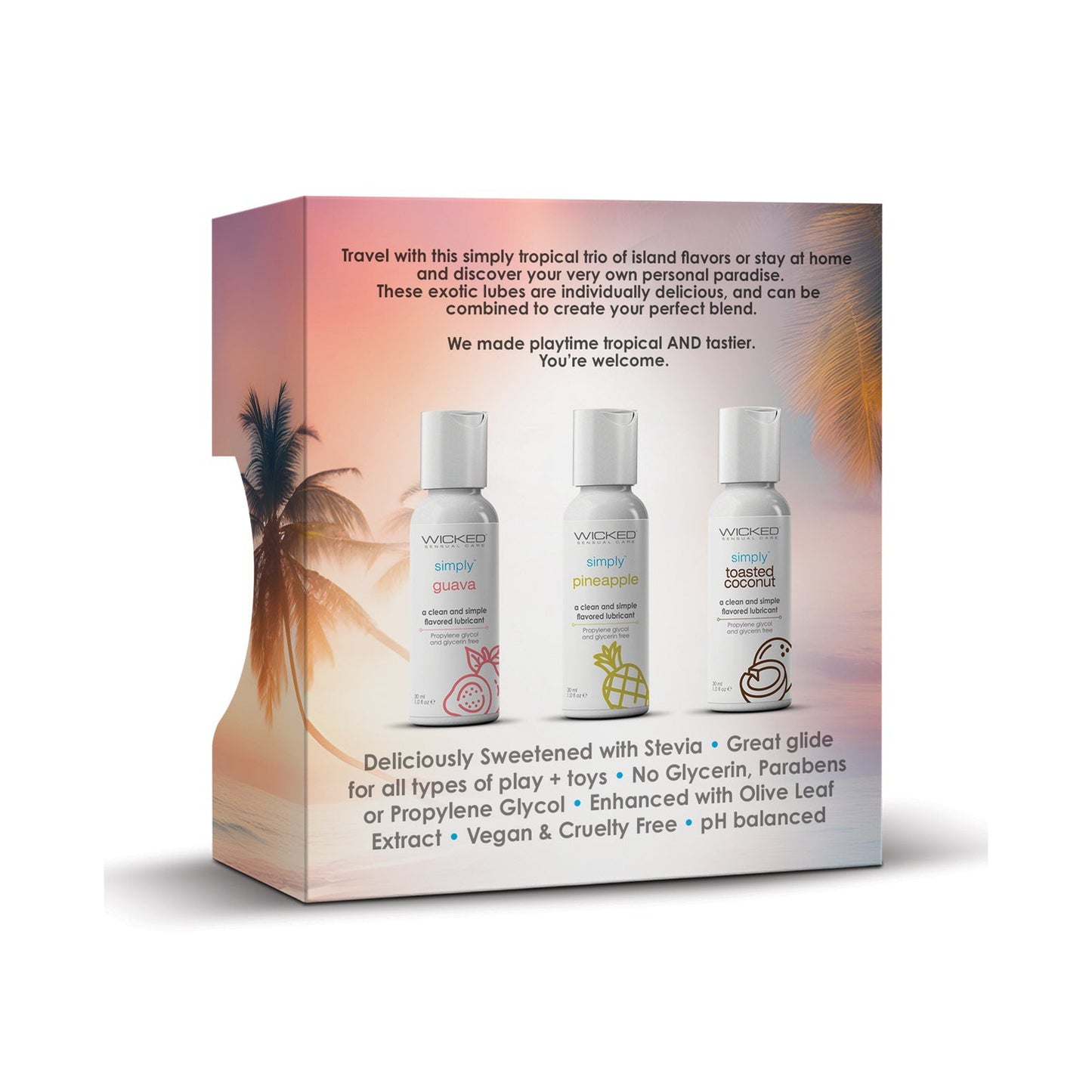 Explore Wickeds Sensual Care Tropical Trio Travel Size Flavored Lubes, a set of three bottles of water-based lubricants with exotic flavors. The vibrant packaging features palm trees and sunsets, highlighting its vegan, cruelty-free formula without glycerin or parabens.