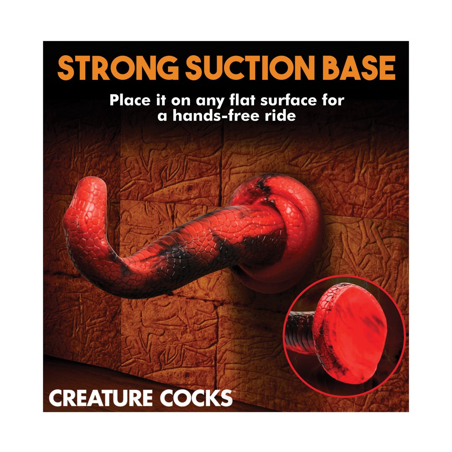 The image depicts the Creature Cocks King Cobra Silicone Dildo in red and black with a suction base attached to a wall. Text reads: Strong Suction Base: Place it on any flat surface for a hands-free ride from the brand Creature Cocks.