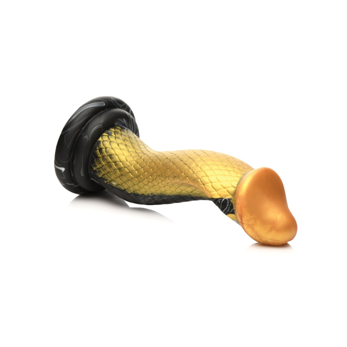 The Creature Cocks Golden Mamba Silicone Dildo by Creature Cocks is a sculptural serpent-like object with a scaled surface and cobra-inspired design, displaying a graceful gold-to-black gradient and featuring a suction base for an artistic aesthetic appeal.